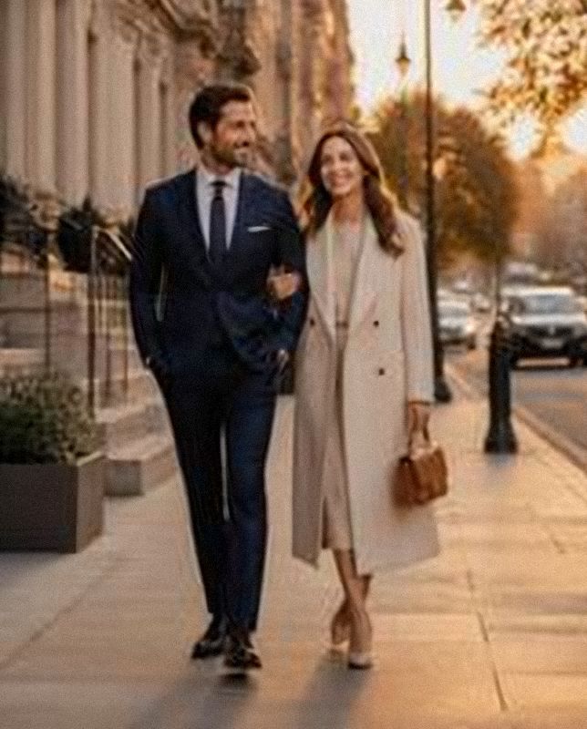 A couple walking arm in arm on a city street at golden hour